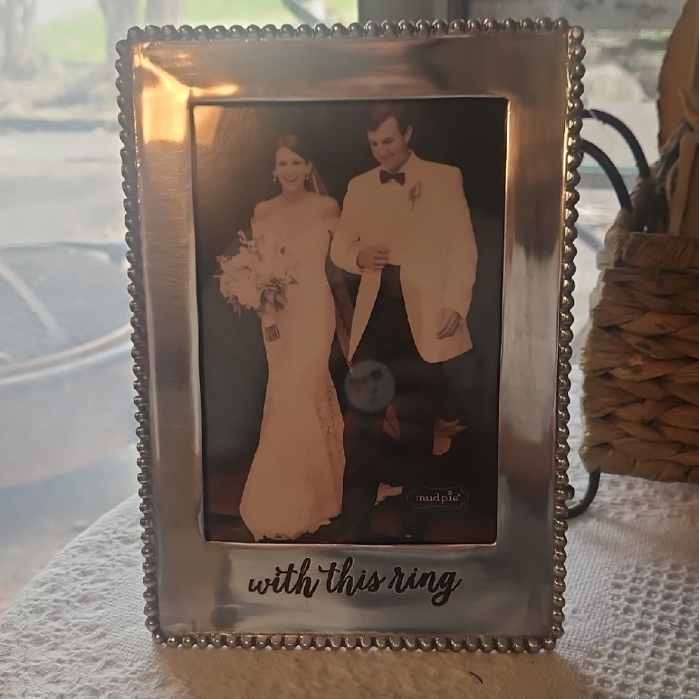 Mud Pie Silver Beaded "With This Ring" Wedding Frame For 5x7 Photo